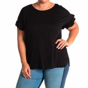 Max Studio-Ruffle Cuff Black Crew Neck T-Shirt
